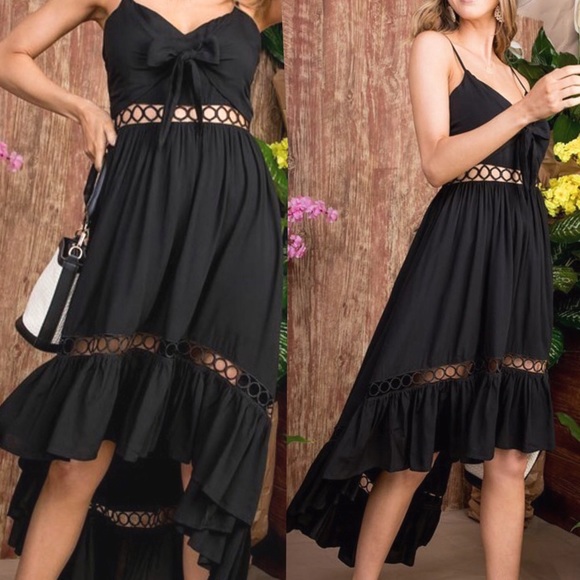 Tie Front Lace High Low Maxi Dress Black - Picture 3 of 8